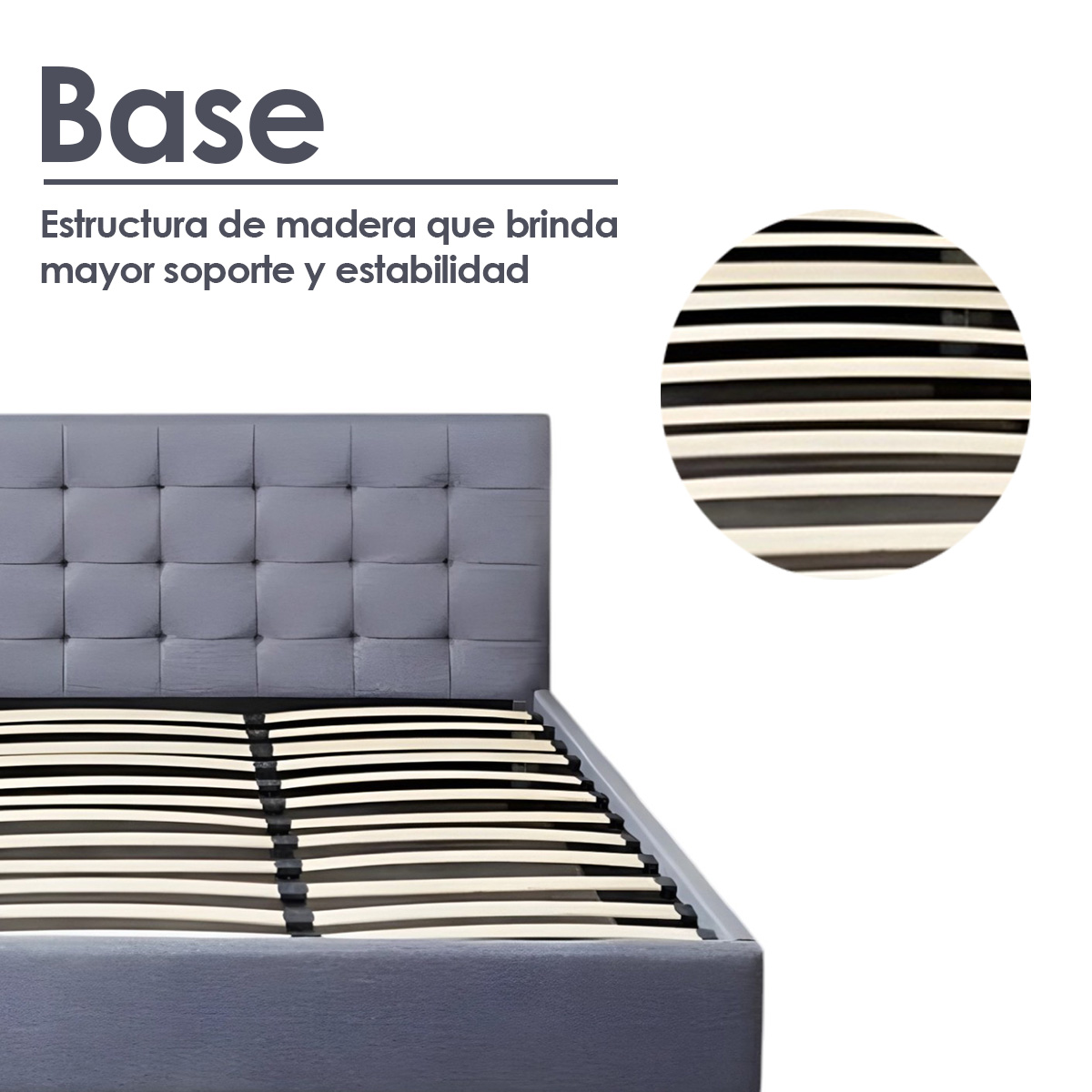 Ilios Innova | Base para Cama Fabricada en Madera tamaño Matrimonial con cabecera tapizada en Lino | 