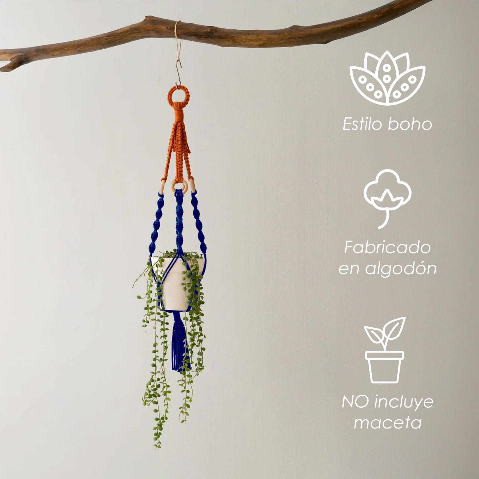 Ilios Innova | Colgante Decorativo Boho Azul para Maceta, soporte tejido a mano, para plantas en interior o exterior.