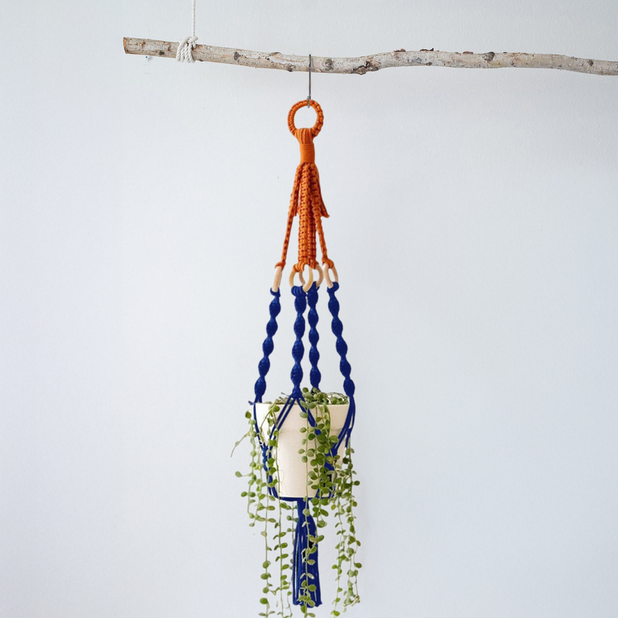 Ilios Innova | Colgante Decorativo Boho Azul para Maceta, soporte tejido a mano, para plantas en interior o exterior.
