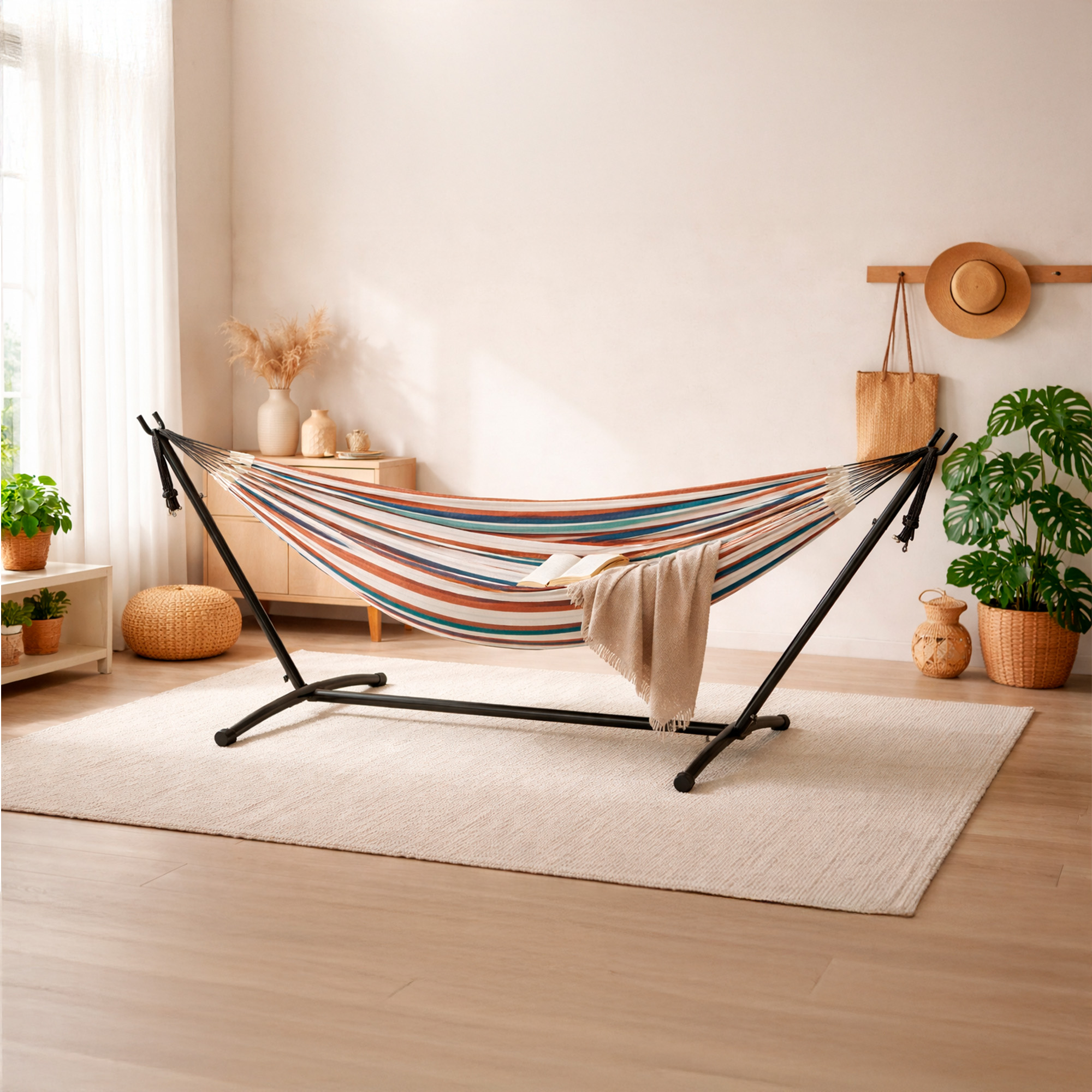 GarveeLife Hamaca Doble Con Soporte De 365x140x92 Cm, Acolchada De Poliéster, Estructura De Hierro Y Madera, Aguanta 204 Kg