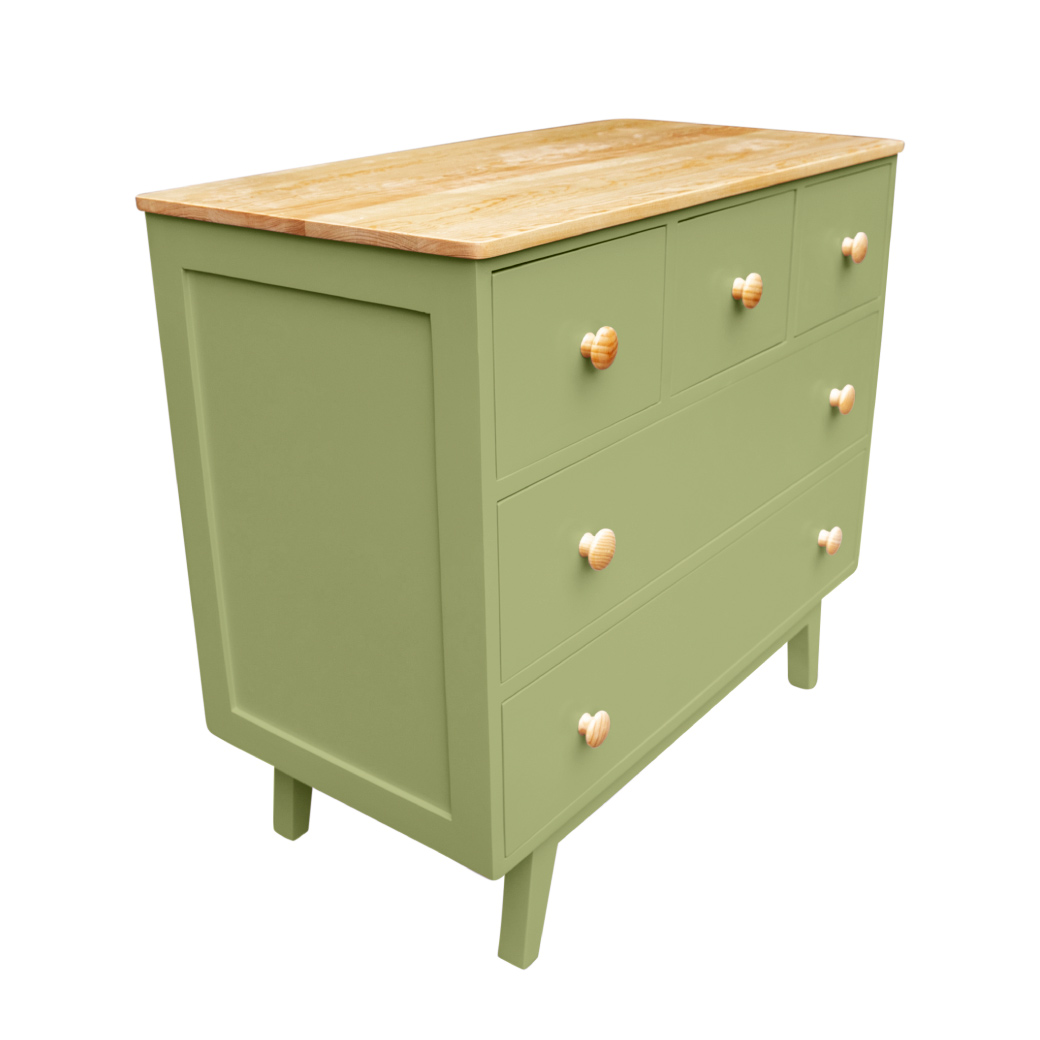 Cómoda Mariana Montessori de 5 Cajones con Cubierta de Madera Natural – Disponible en 7 Acabados Mate