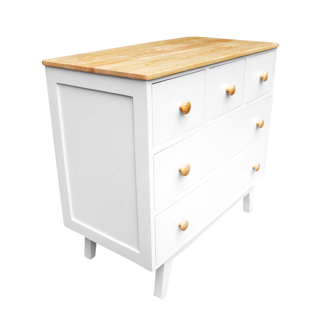 Cómoda Mariana Montessori de 5 Cajones con Cubierta de Madera Natural – Disponible en 7 Acabados Mate