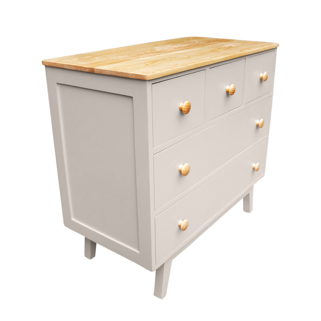 Cómoda Mariana Montessori de 5 Cajones con Cubierta de Madera Natural – Disponible en 7 Acabados Mate