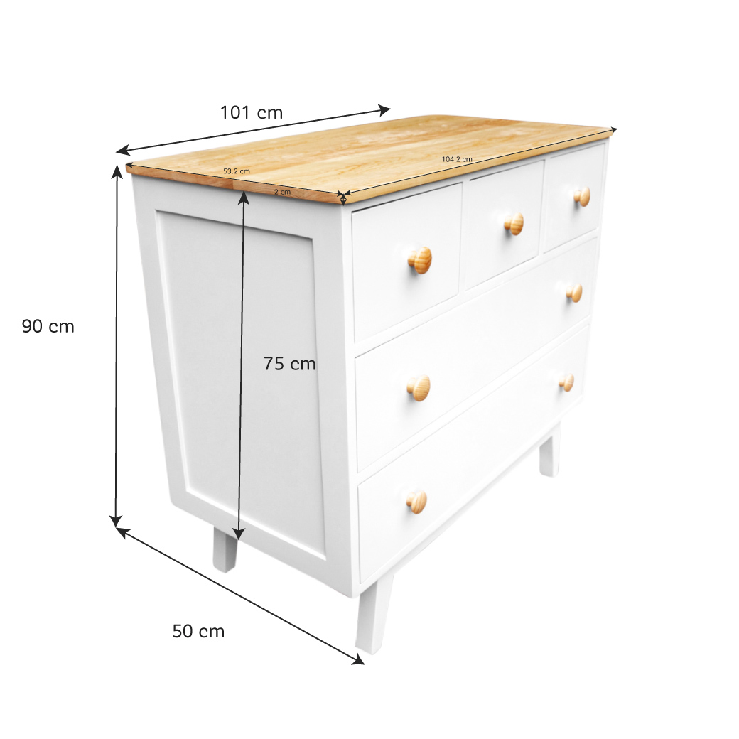 Cómoda Mariana Montessori de 5 Cajones con Cubierta de Madera Natural – Disponible en 7 Acabados Mate