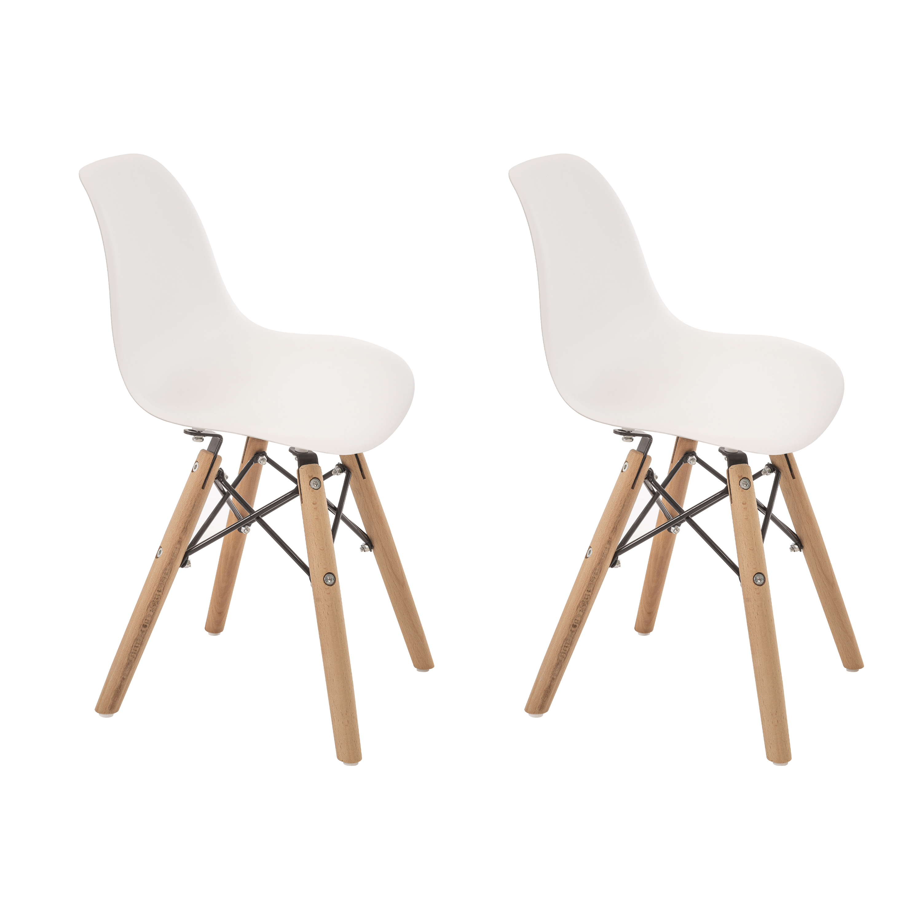 Juego de 2 sillas infantiles Eames modernas para niños pequeños (blancas, grises y rosa).