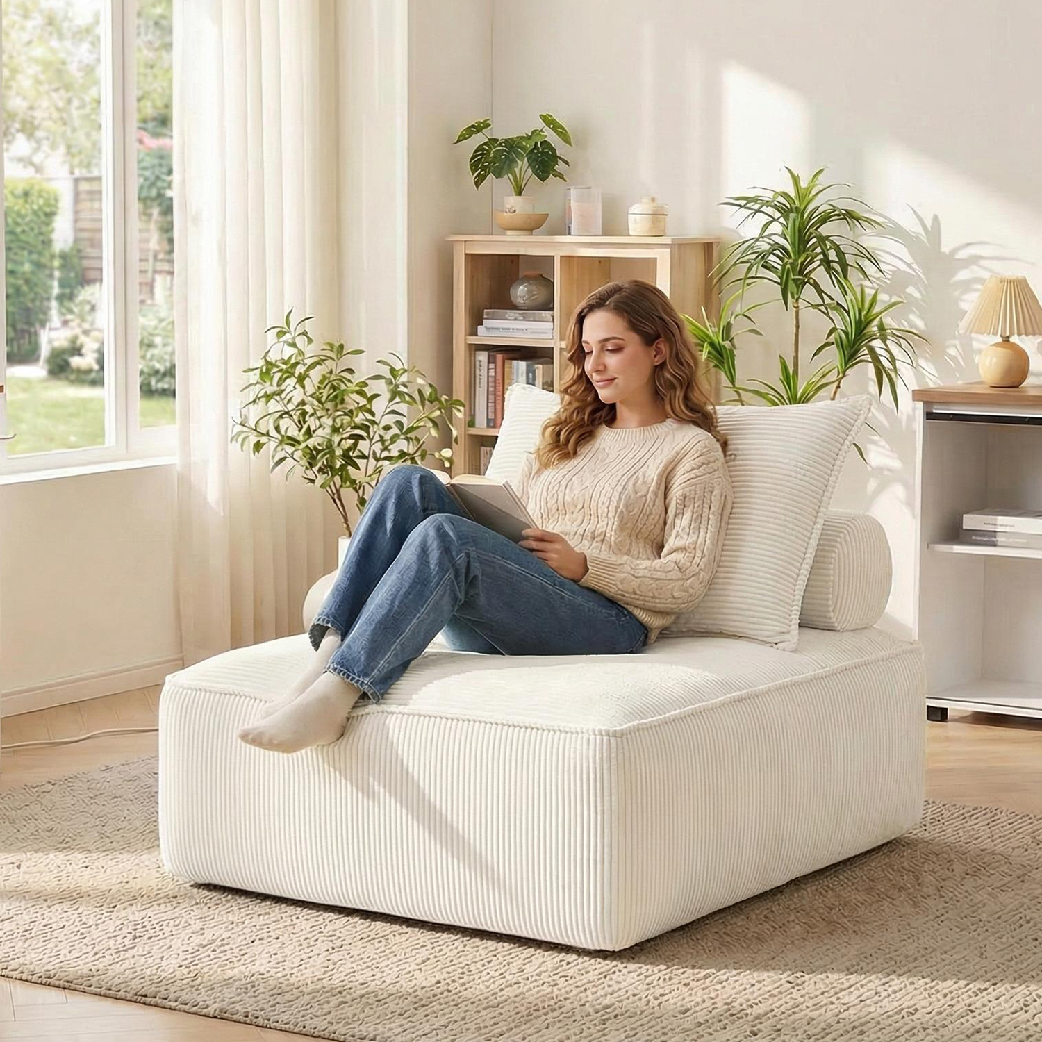 Sillón Modular Individual de Pana Mostaza 97 x 97 cm con Cojín de Respaldo