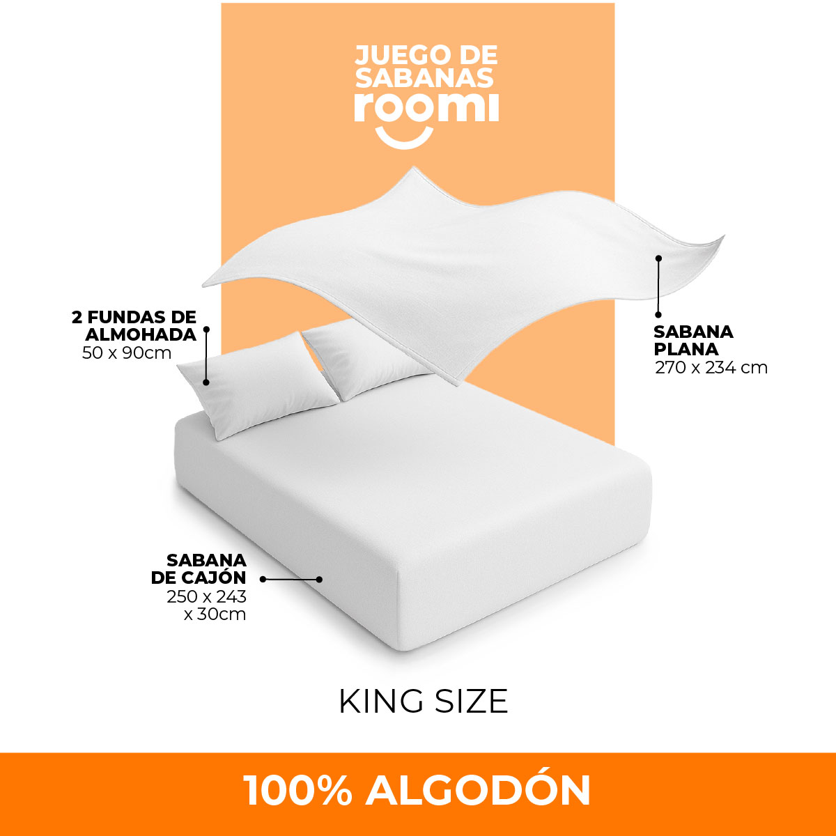 Juego de Sábanas King Size Roomi Algodón Calidad Premium Color Blanco