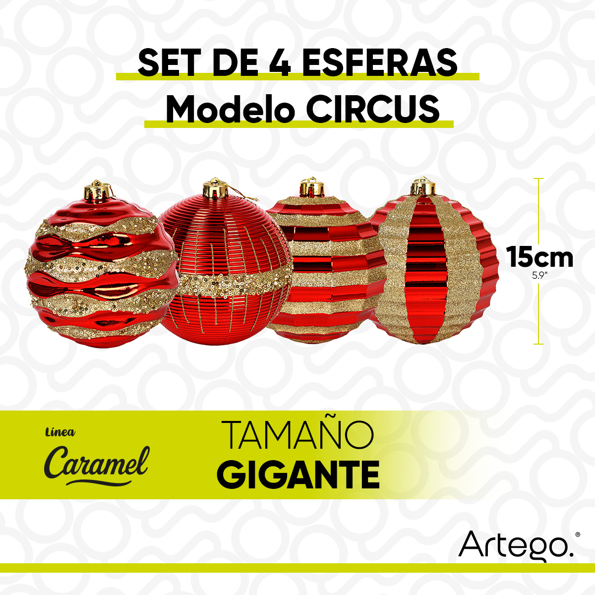 Esferas para árbol de navidad Artego extra grandes de 15 cm de diámetro paq Circus 4 acabados rojo y dorado, para colgar
