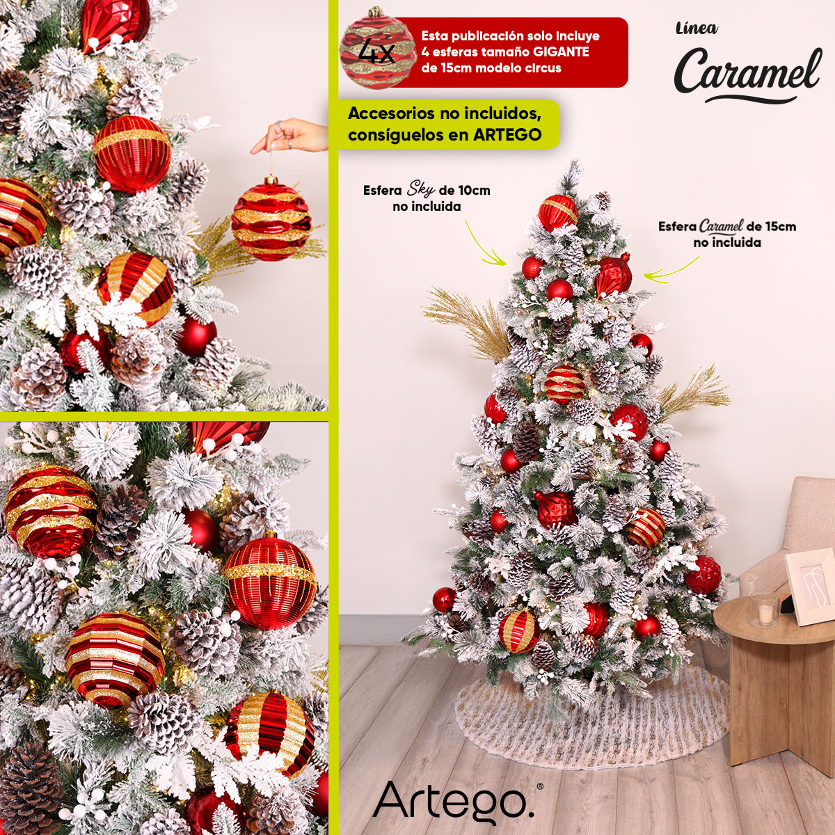 Esferas para árbol de navidad Artego extra grandes de 15 cm de diámetro paq Circus 4 acabados rojo y dorado, para colgar