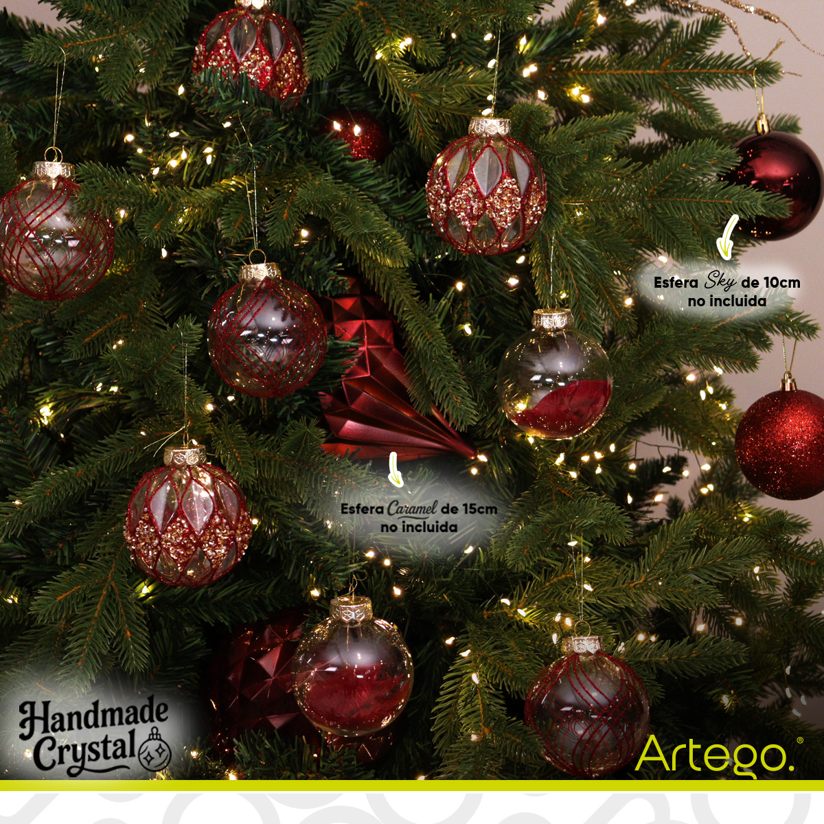 Esferas de navidad Artego de 8 cm de diámetro paq 9 esferas Rojo Diamond *Línea Handmade acabado crystal pintadas a mano