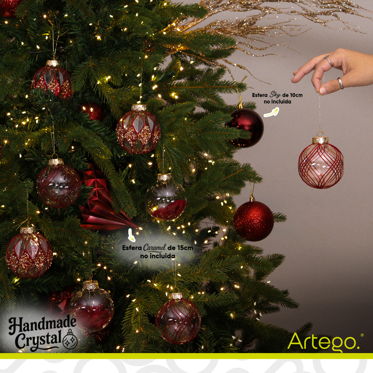 Esferas de navidad Artego de 8 cm de diámetro paq 9 esferas Rojo Diamond *Línea Handmade acabado crystal pintadas a mano