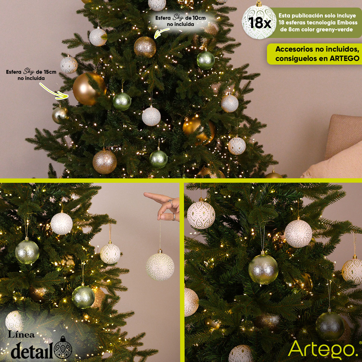 Esferas para árbol navidad Artego de 8 cm de diámetro paq 18 esferas Verde claro *Línea Detail estilos emboss y cromado