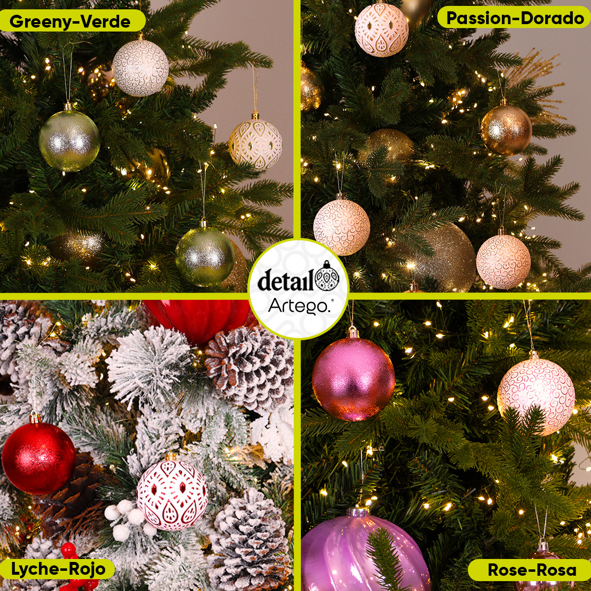 Esferas para árbol navidad Artego de 8 cm de diámetro paq 18 esferas Verde claro *Línea Detail estilos emboss y cromado