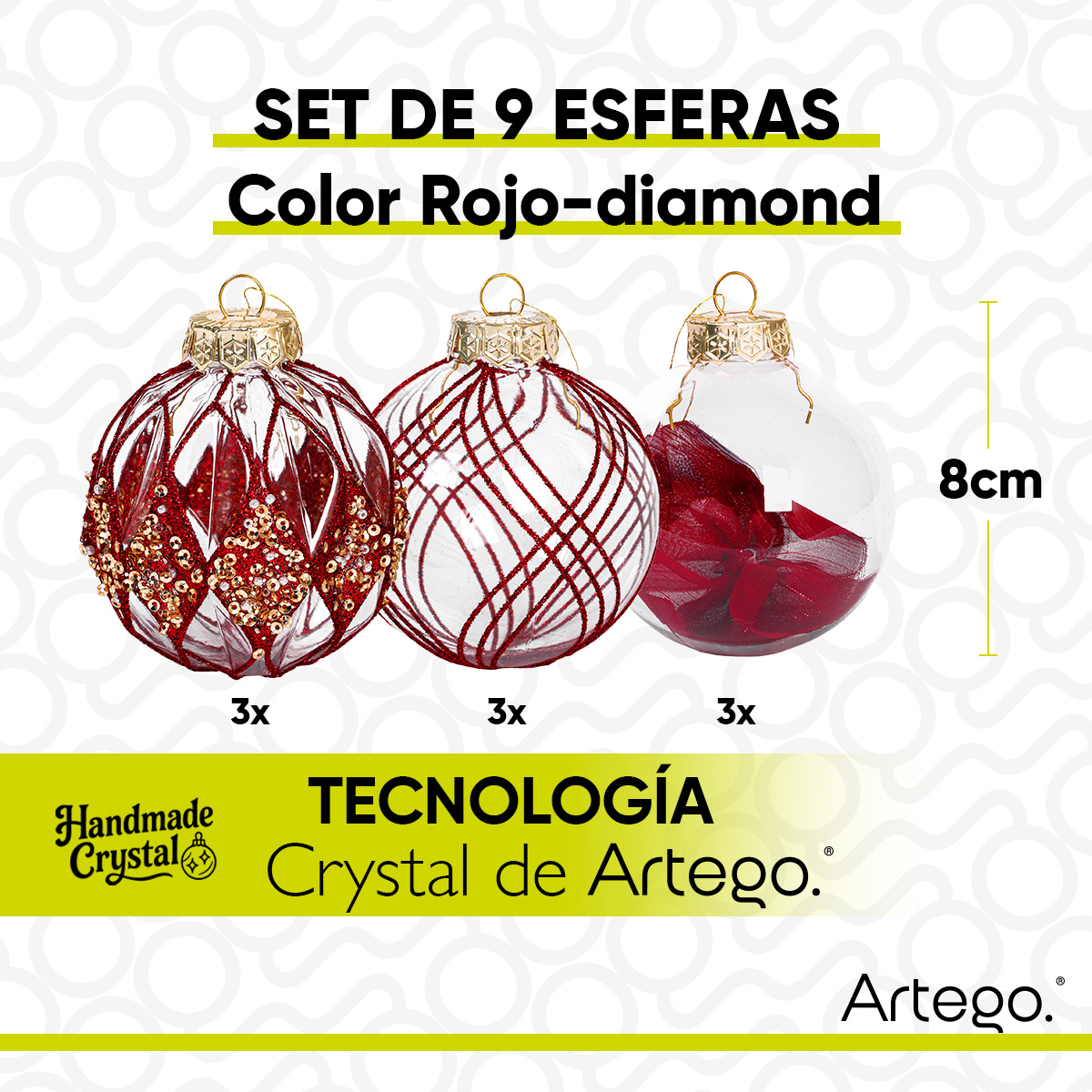 Esferas de navidad Artego de 8 cm de diámetro paq 9 esferas Rojo Diamond *Línea Handmade acabado crystal pintadas a mano