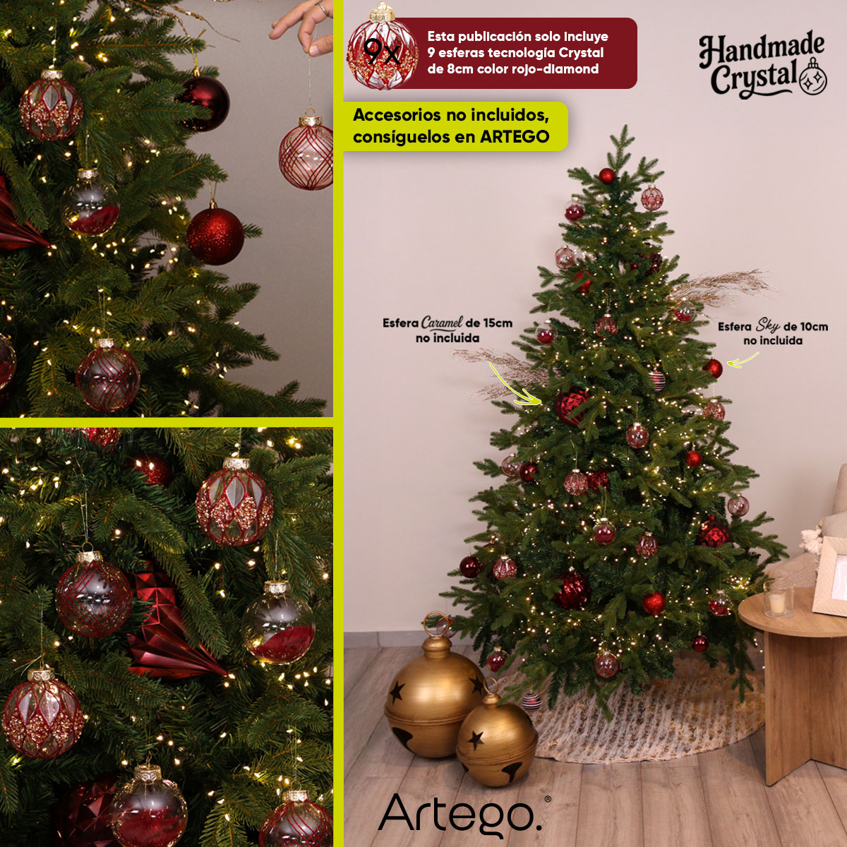 Esferas de navidad Artego de 8 cm de diámetro paq 9 esferas Rojo Diamond *Línea Handmade acabado crystal pintadas a mano