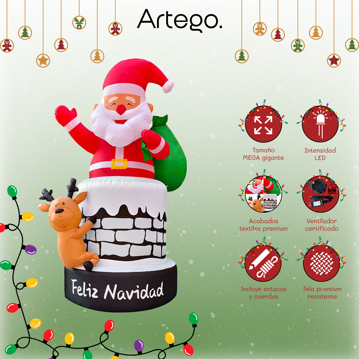 Inflable de Navidad CHIMENEA de SANTA CLAUS MEGA gigante con led 4m Decoración navideña Christmas Inflatable Artego