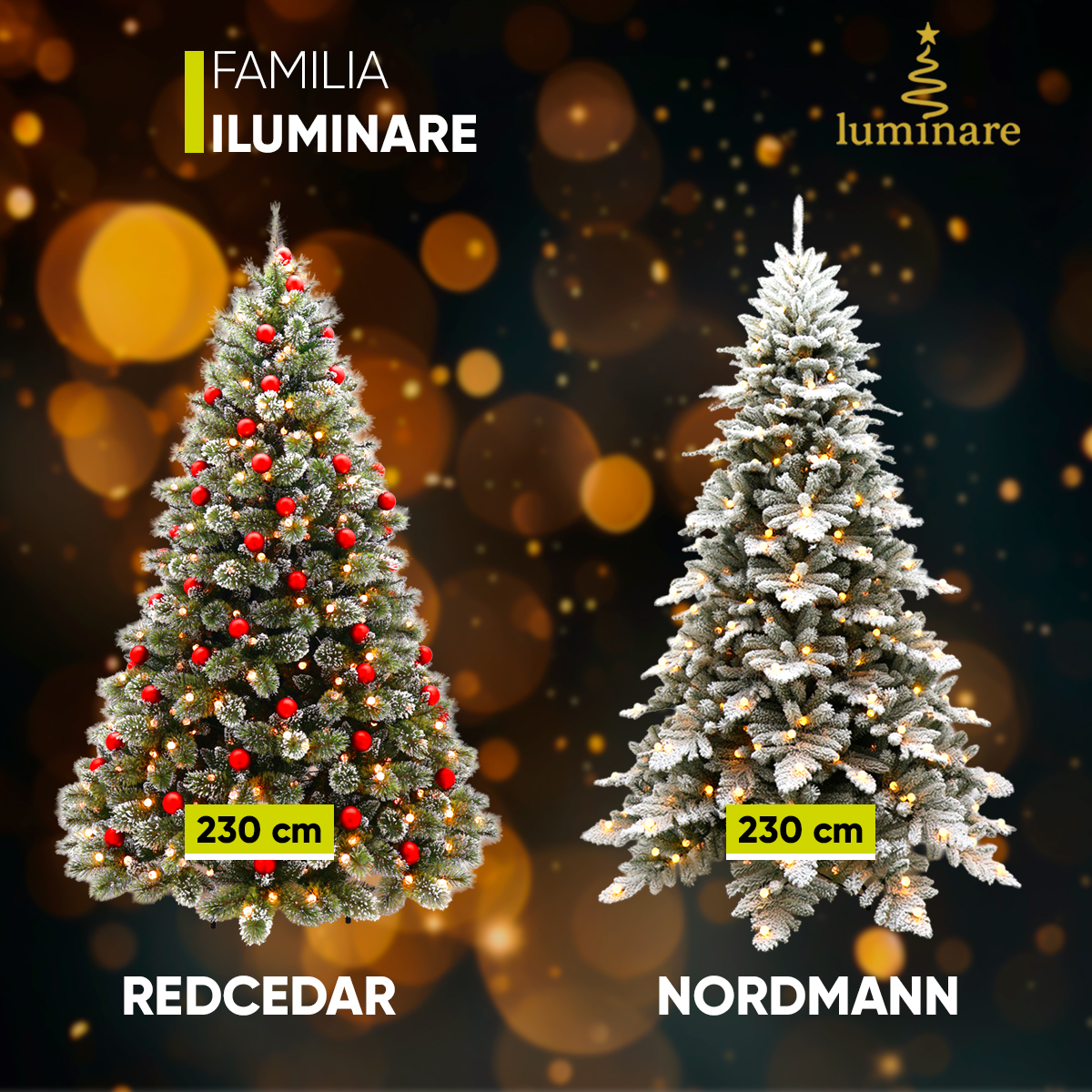 Árbol De Navidad Nevado Artego 230 Cm De Alto con Luces LED integradas 350 leds y 83 Esferas rojas integradas Redcedar