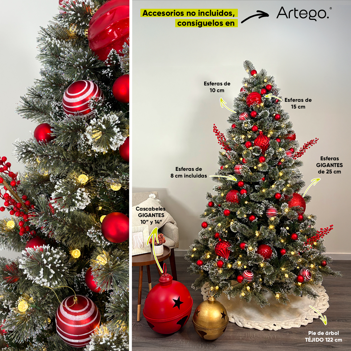 Árbol De Navidad Nevado Artego 230 Cm De Alto con Luces LED integradas 350 leds y 83 Esferas rojas integradas Redcedar
