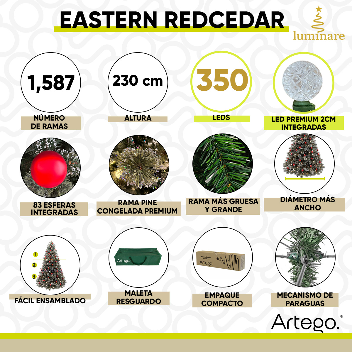 Árbol De Navidad Nevado Artego 230 Cm De Alto con Luces LED integradas 350 leds y 83 Esferas rojas integradas Redcedar