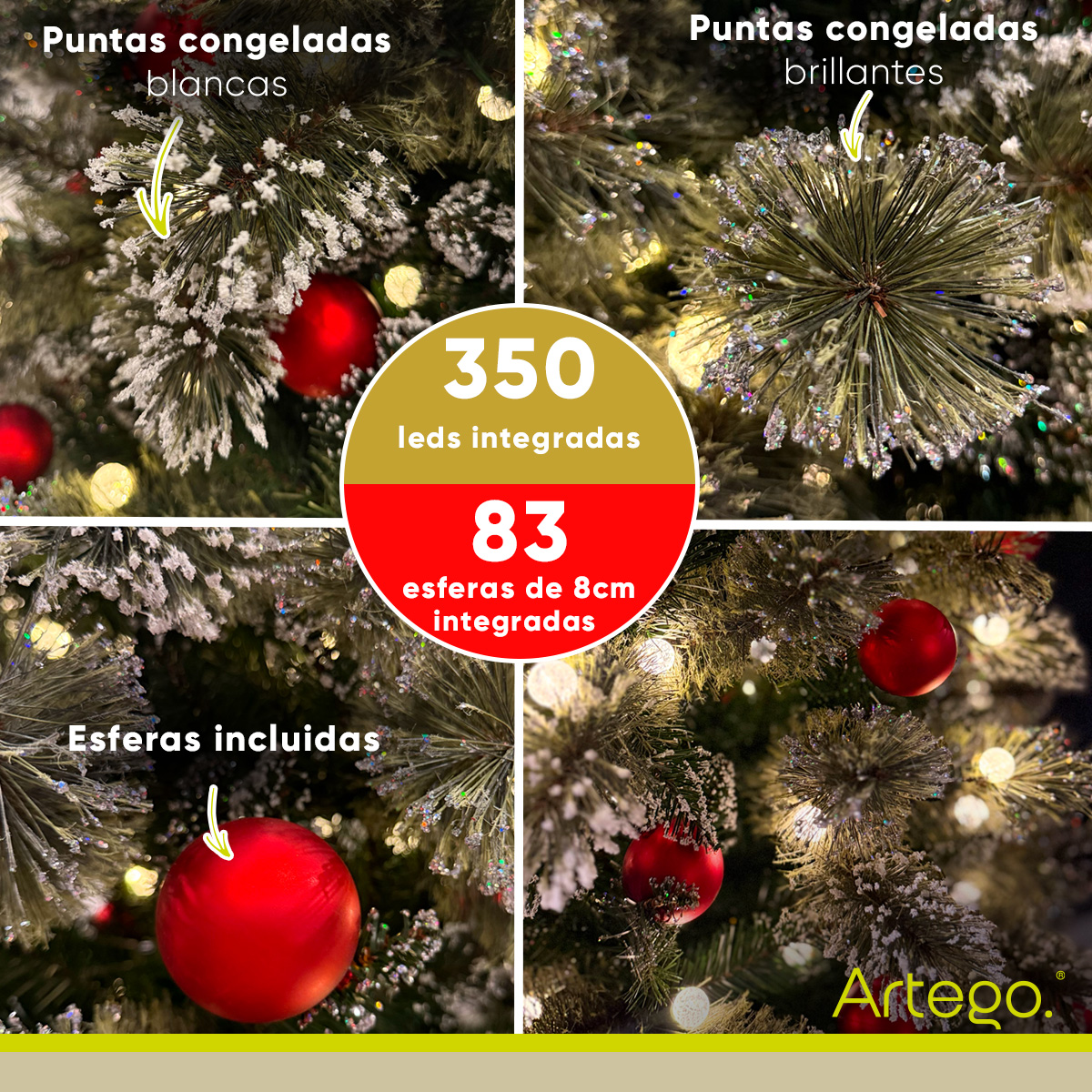 Árbol De Navidad Nevado Artego 230 Cm De Alto con Luces LED integradas 350 leds y 83 Esferas rojas integradas Redcedar