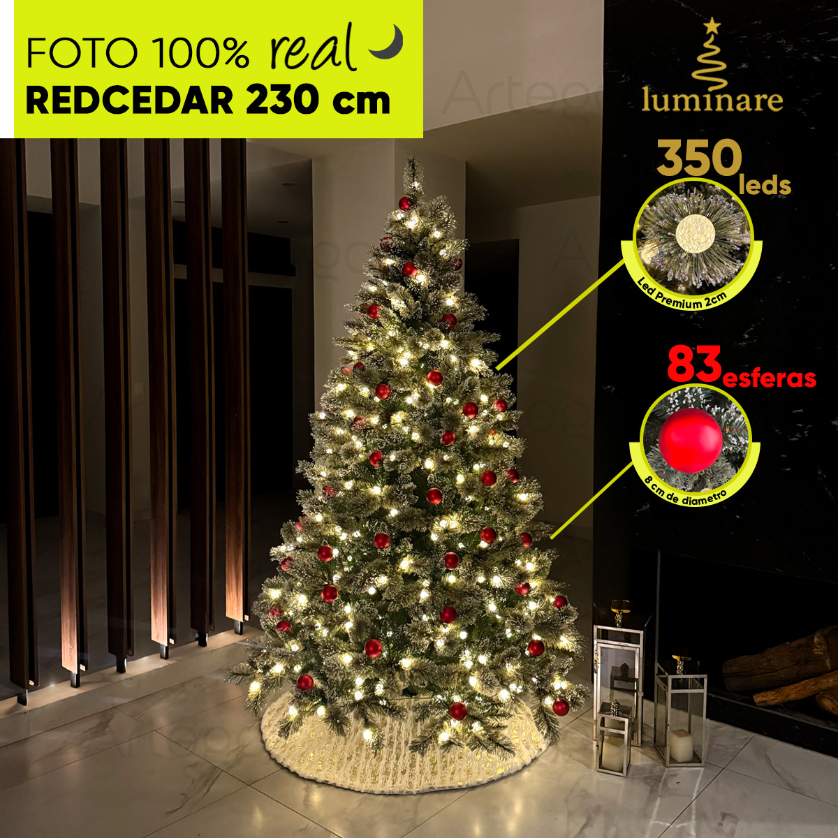 Árbol De Navidad Nevado Artego 230 Cm De Alto con Luces LED integradas 350 leds y 83 Esferas rojas integradas Redcedar