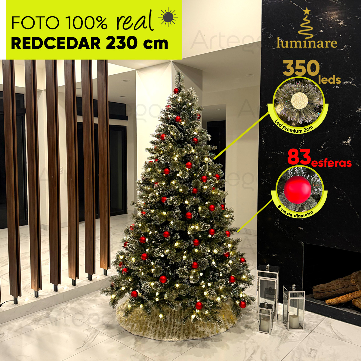 Árbol De Navidad Nevado Artego 230 Cm De Alto con Luces LED integradas 350 leds y 83 Esferas rojas integradas Redcedar