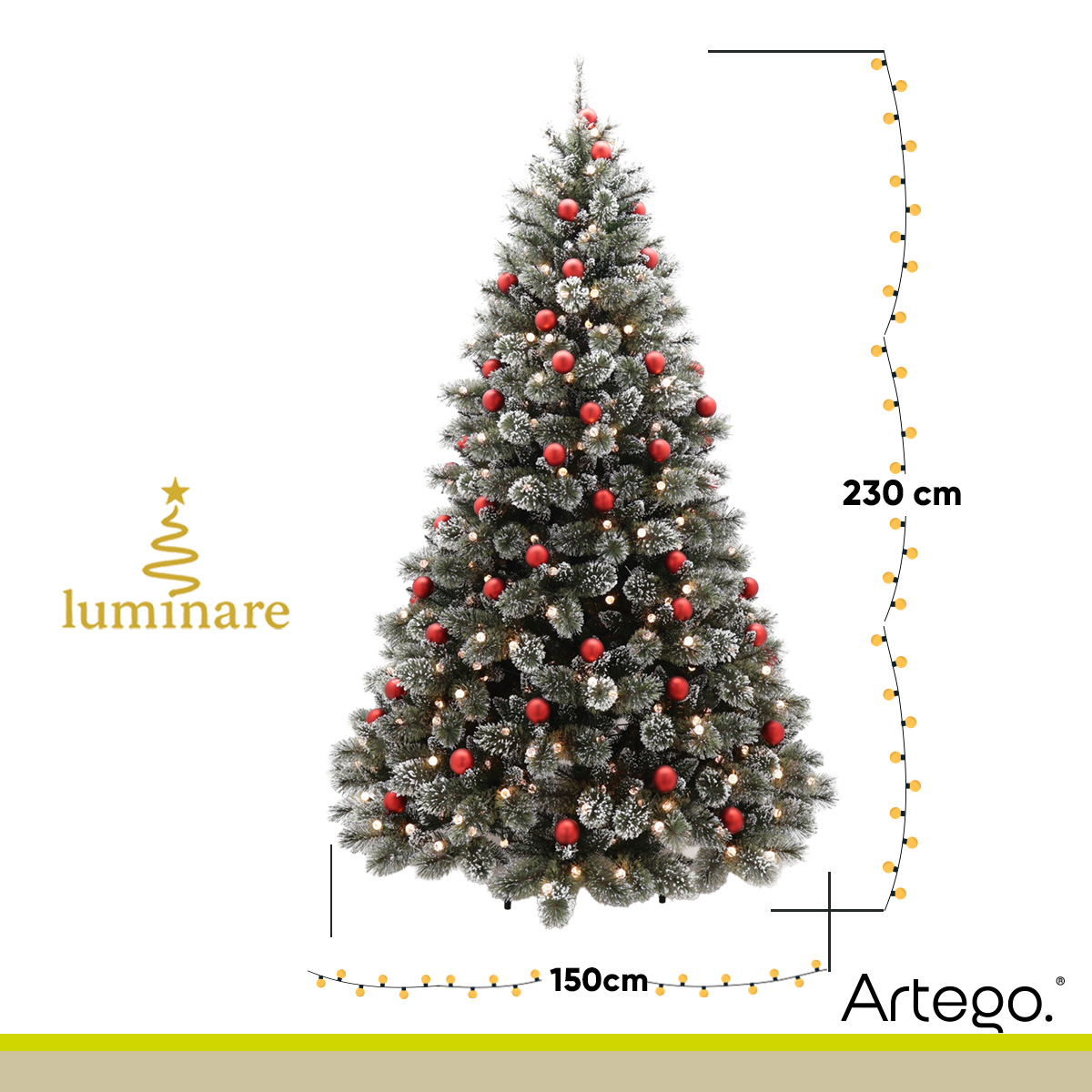 Árbol De Navidad Nevado Artego 230 Cm De Alto con Luces LED integradas 350 leds y 83 Esferas rojas integradas Redcedar