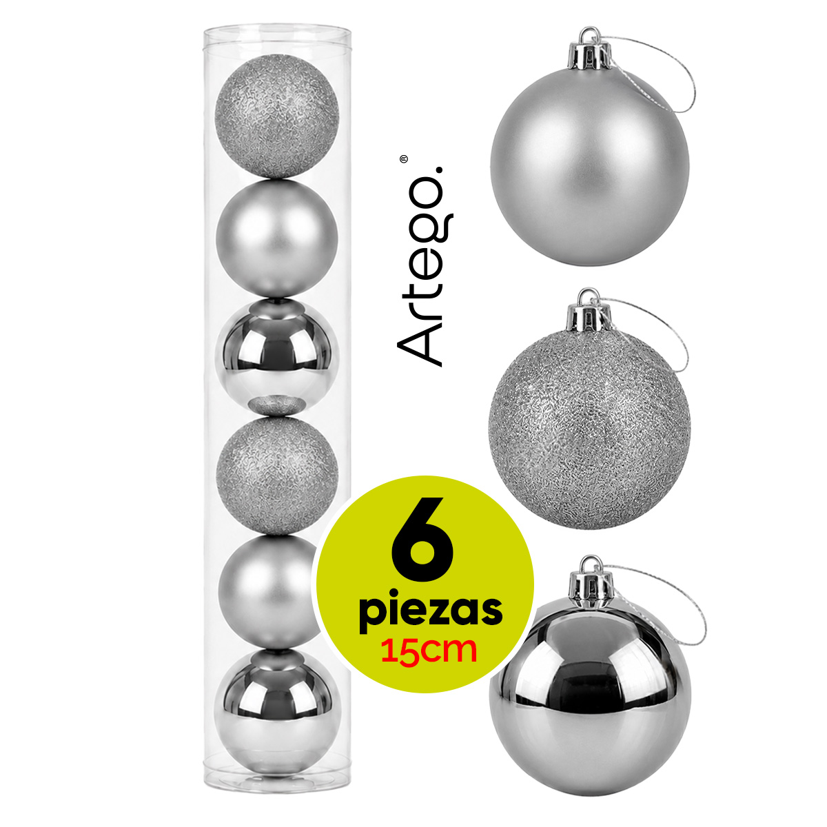 Esferas para árbol de navidad Artego extragrandes de 15 cm de diámetro paq 6 esferas Plata piedra 3 diversos acabados