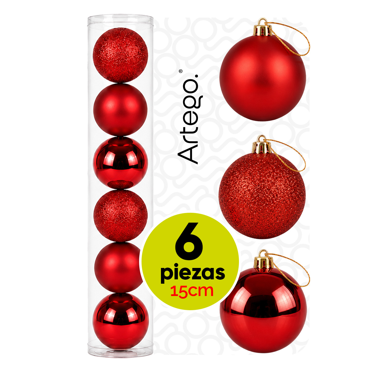 Esferas para árbol de navidad Artego grandes de 15 cm de diámetro paq 6 esferas  Rojo Escarlata 3 diversos acabados