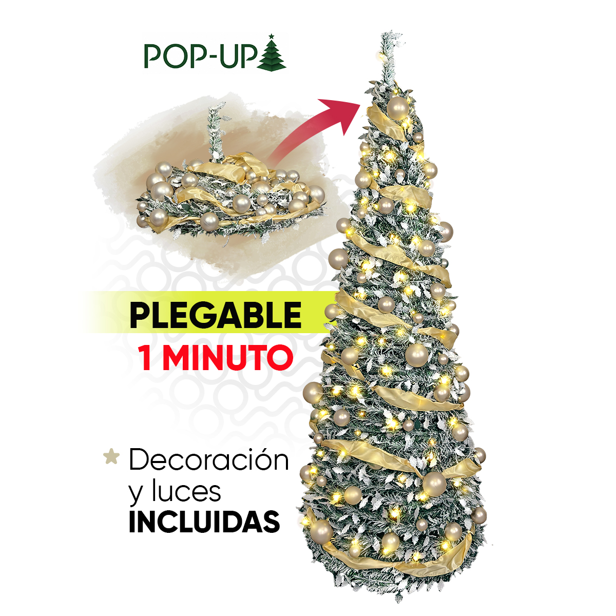 Árbol de Navidad Artificial Plegable nevado Tipo Lápiz Royal Pop-Up Tree 190 cm de alto con 180 Luces LED y Decoración