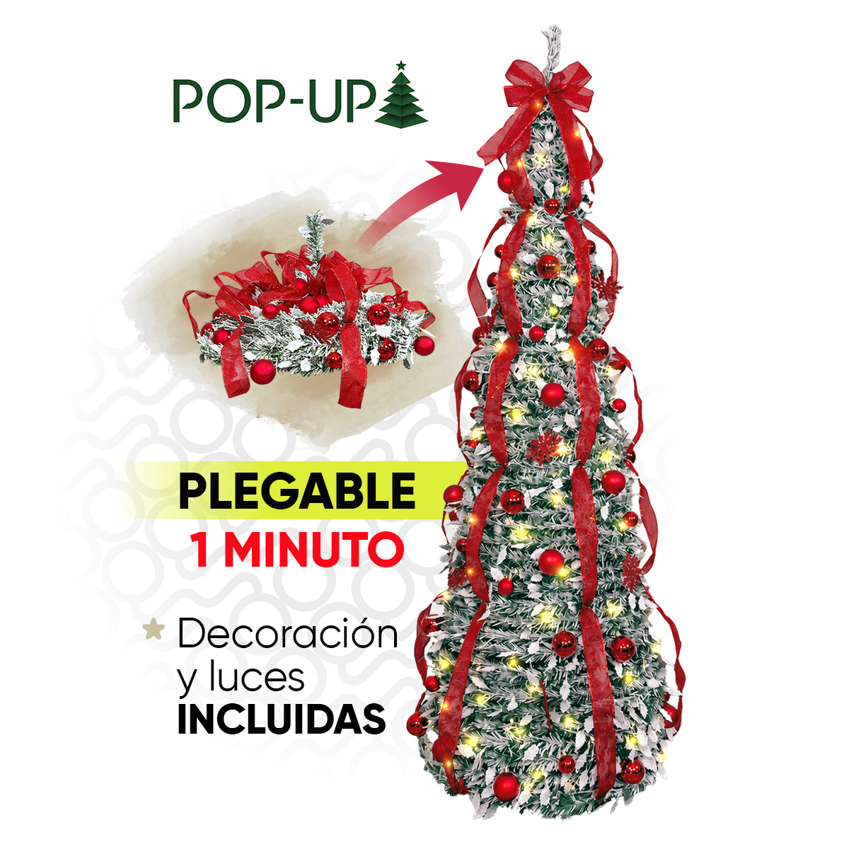 Árbol de Navidad Artificial Plegable nevado Tipo Lápiz Deodar Pop-Up Tree 190 de alto cm con 180 Luces LED y decoración