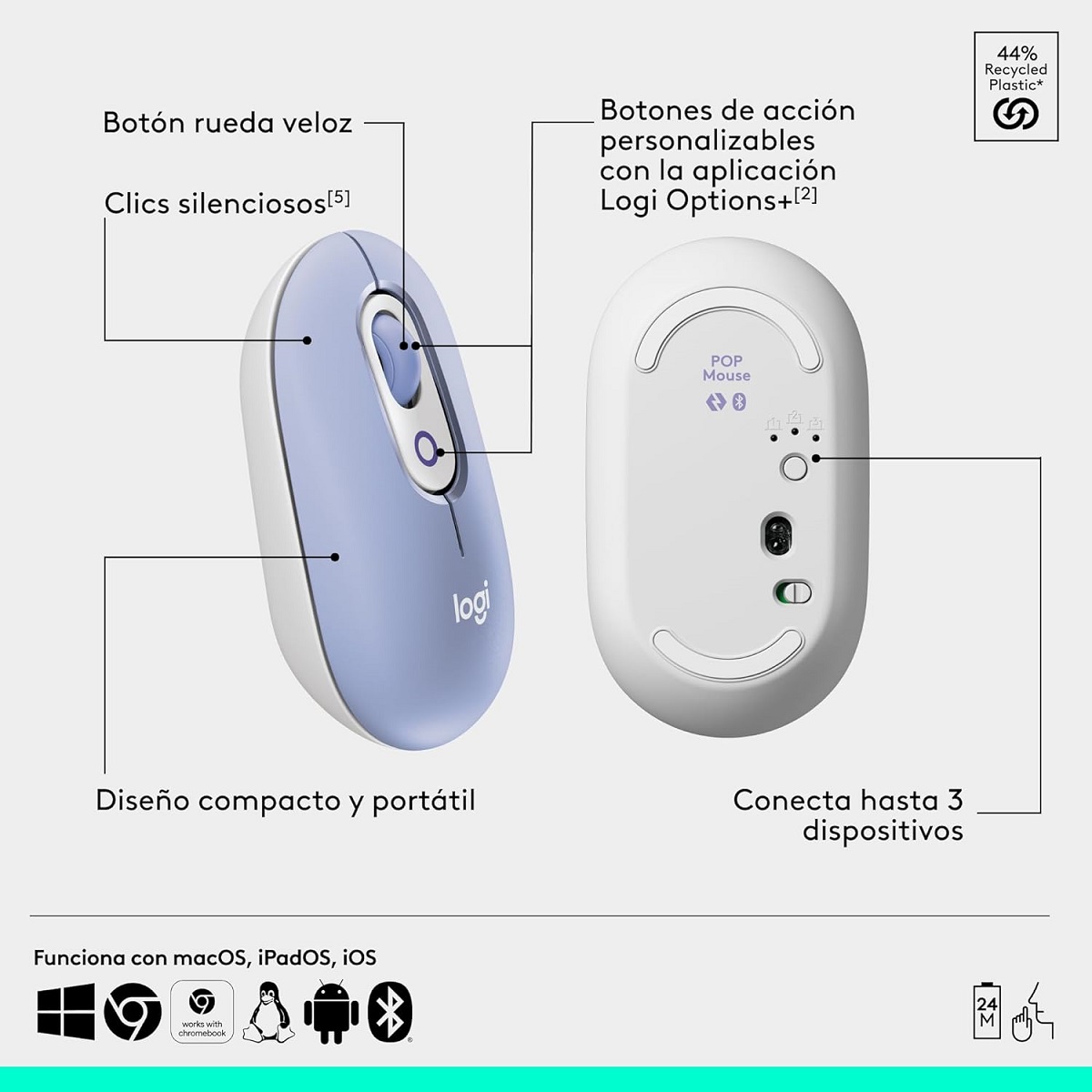 Kit Teclado Y Mouse Logitech POP Icon Inalambrico Bluetooth Lila 920-013054