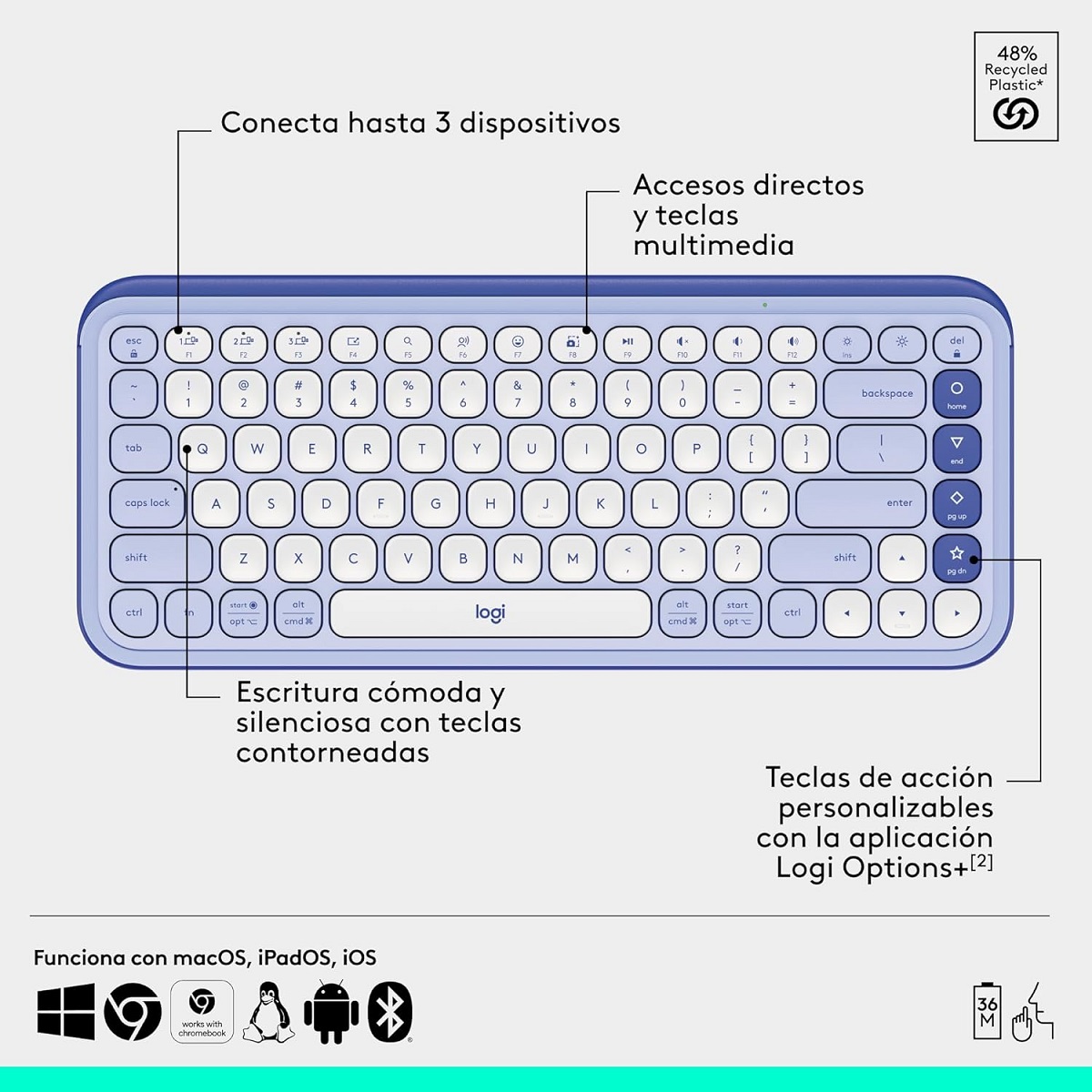 Kit Teclado Y Mouse Logitech POP Icon Inalambrico Bluetooth Lila 920-013054