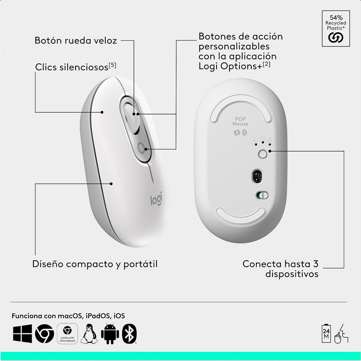Kit Teclado Y Mouse Logitech POP Icon Inalambrico Bluetooth Blanco 920-013055