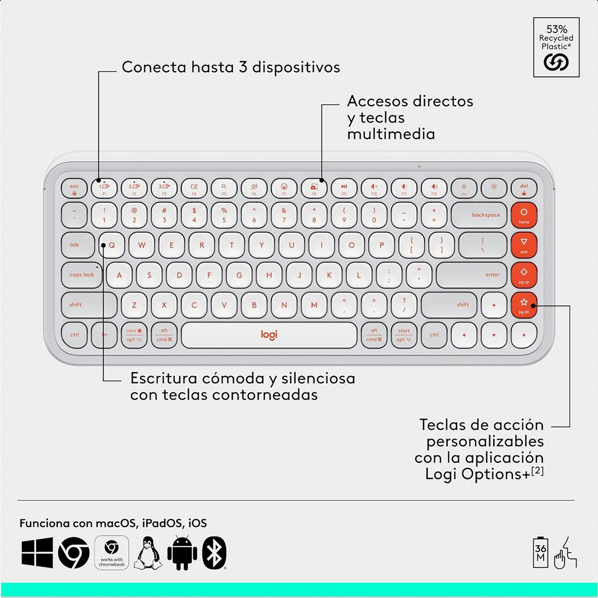 Kit Teclado Y Mouse Logitech POP Icon Inalambrico Bluetooth Blanco 920-013055