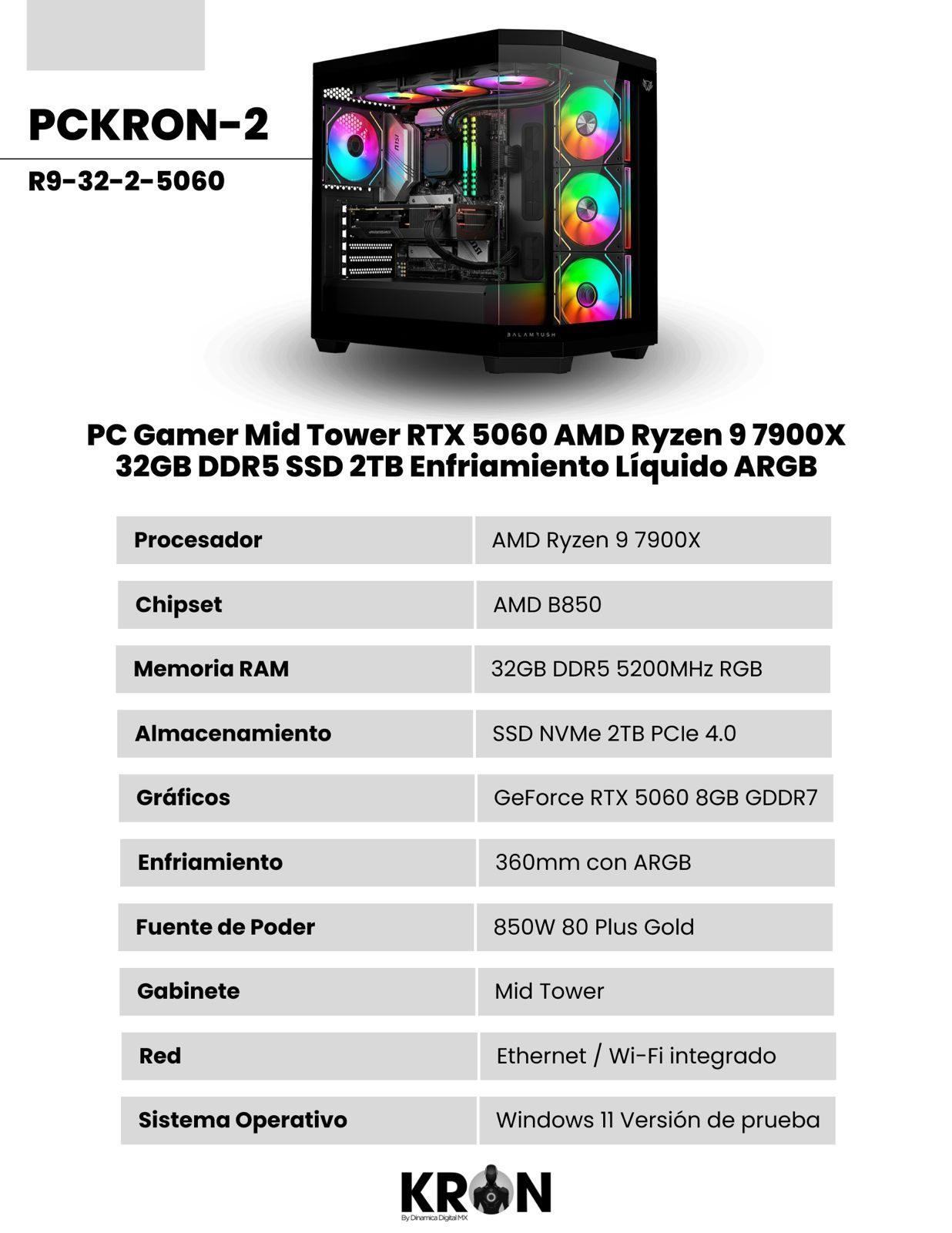 PC Gamer RTX 5060 AMD Ryzen 9 7900X 32GB DDR5 SSD 2TB Enfriamiento Líquido ARGB