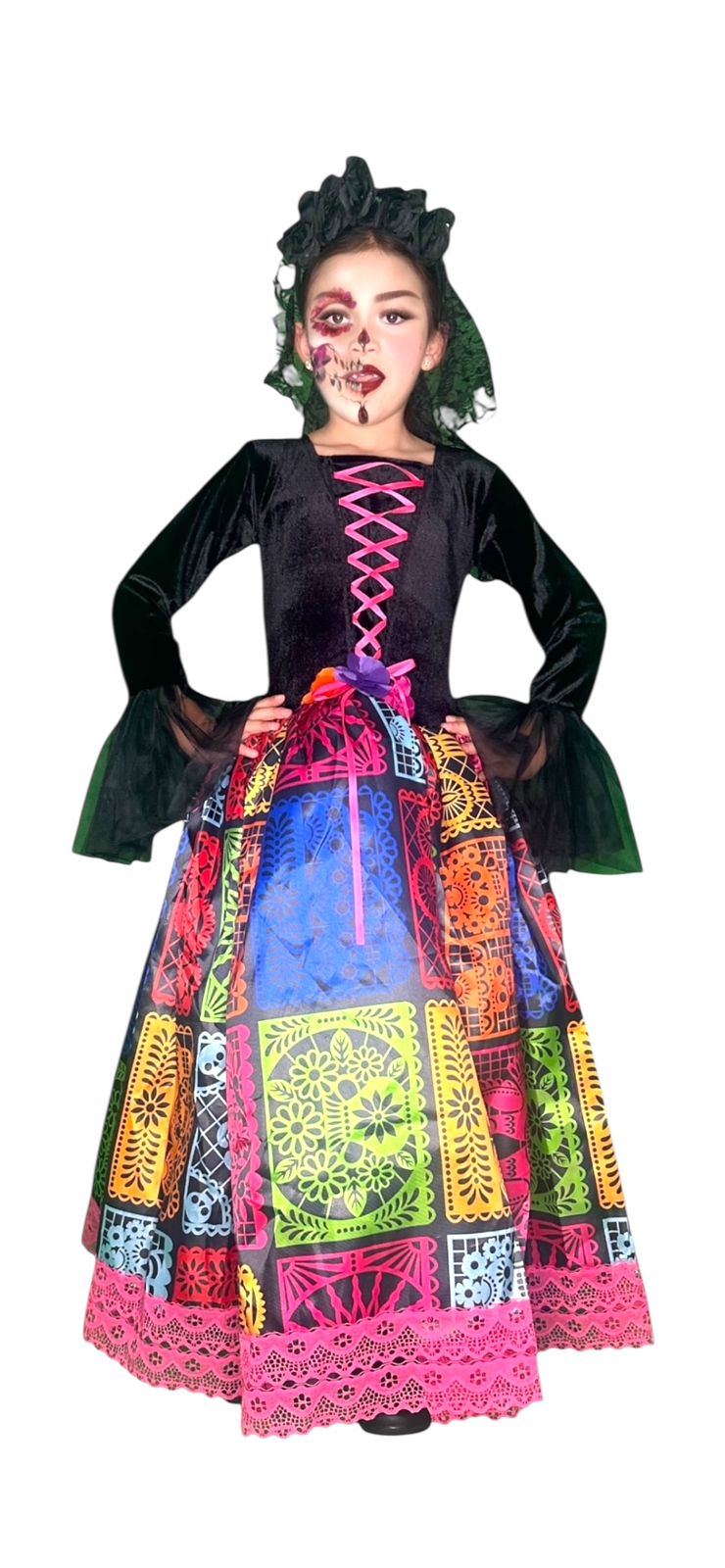 Disfraz Halloween O Día De Muertos Catrina detalles tradicionales de papel picado Para Niñas 4 A 12 Años