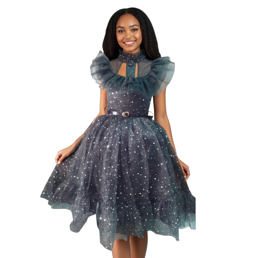 DISFRAZ HALLOWEEN O DÍA DE MUERTOS VESTIDO GALA BRILLOS MERLINA ADAMS SERIE WEDNESDAY NIÑAS 2 A 12 AÑOS