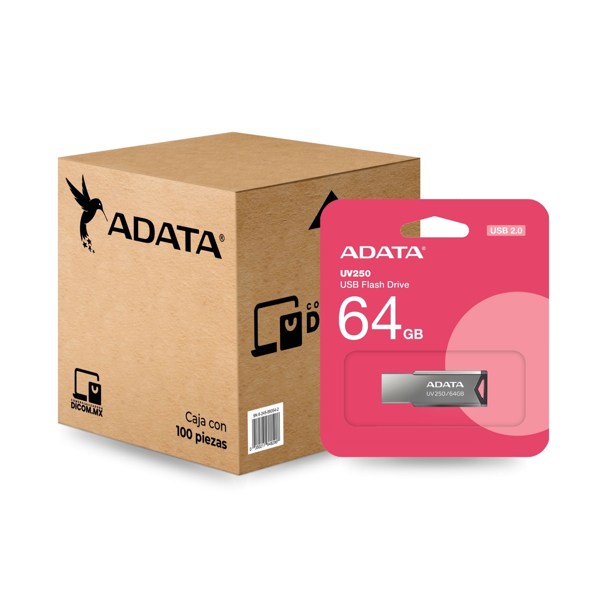100 Pack - Memoria USB Adata UV250 de 64 GB, USB 2.0, Metálica