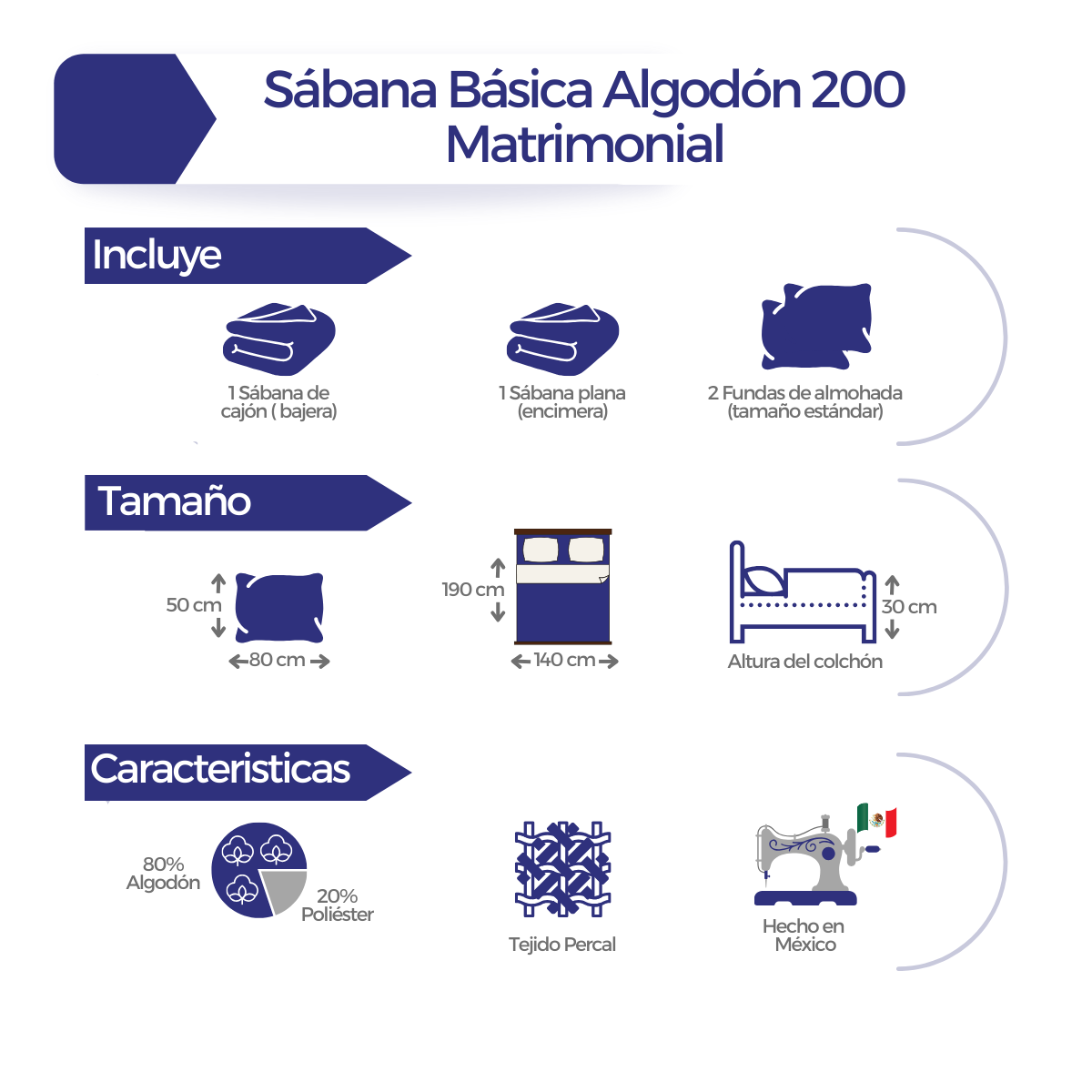 Juego de Sábanas Básica Algodón Percal 200 -Matrimonial -Blanco.