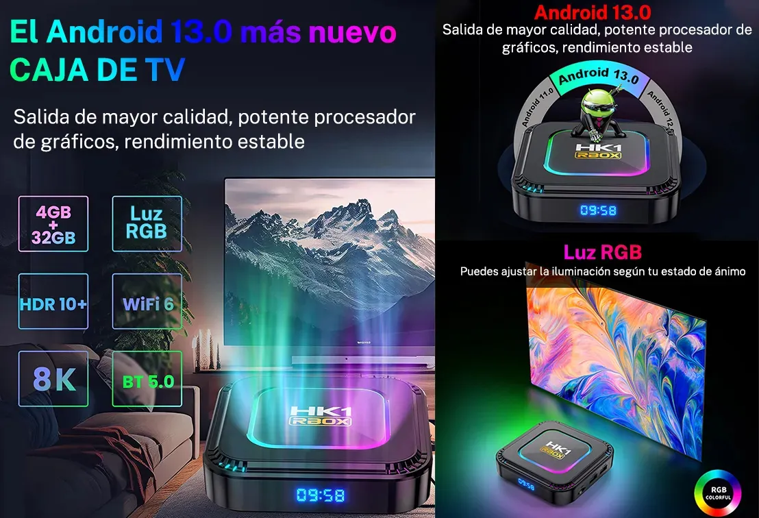 TV box smartTV pantalla negro control inteligente luz Android 13 8K RGB 4GB Wifi 32gb usb 3.1 hdmi.