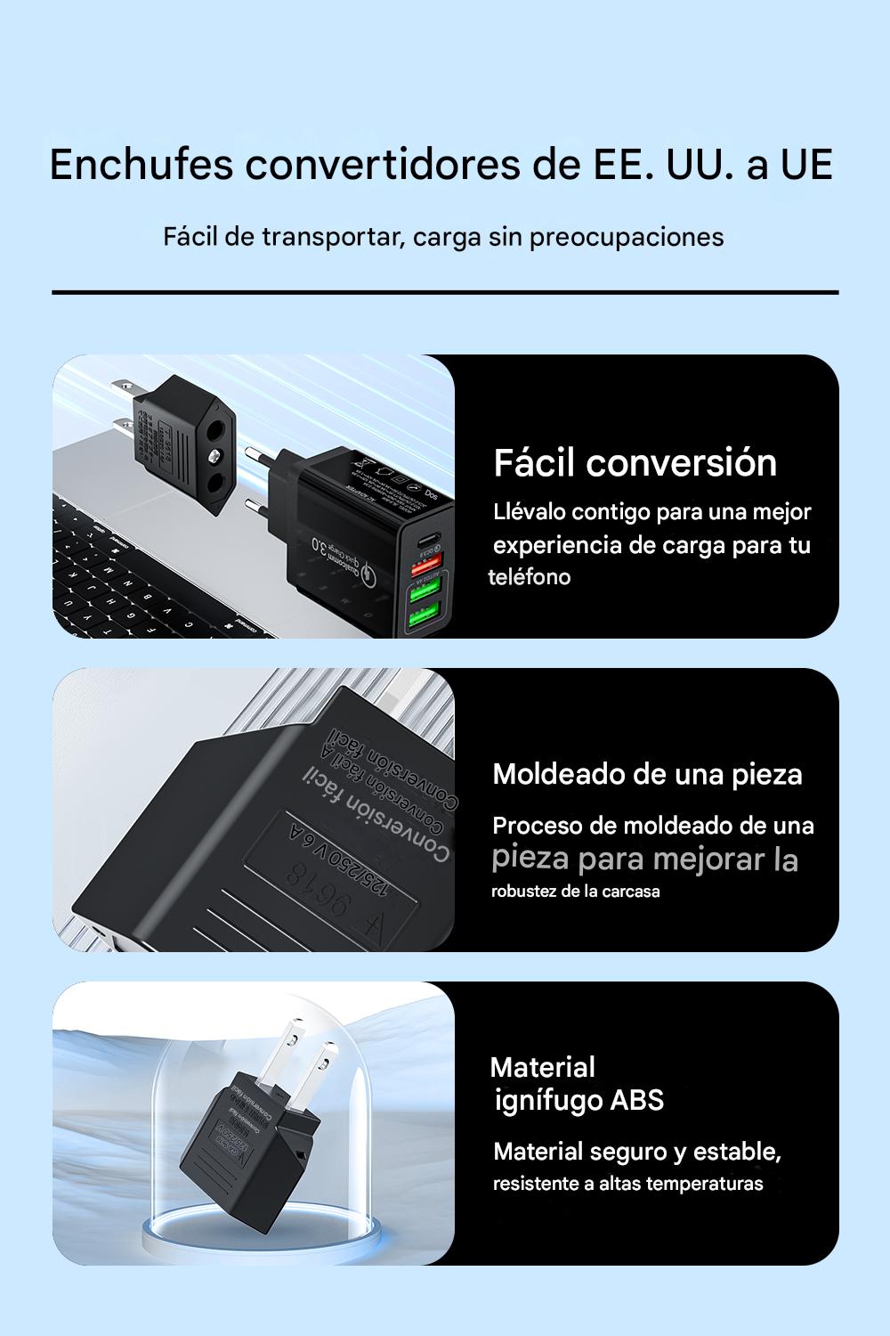 Clavija Adaptador Corriente Europeo A Americano Us Eu 2PZ convertidor negro electrónico abs gadget