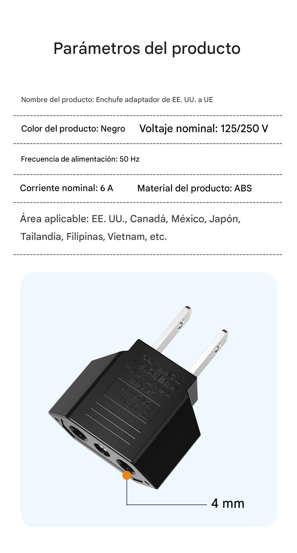 Clavija Adaptador Corriente Europeo A Americano Us Eu 2PZ convertidor negro electrónico abs gadget