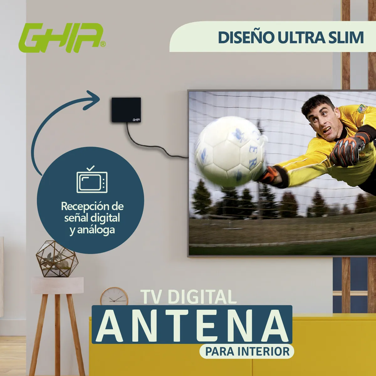 Antena Para Tv Ghia Para Interiores Cable 1.5 Metros 28db Color Negro Modelo GANT-001