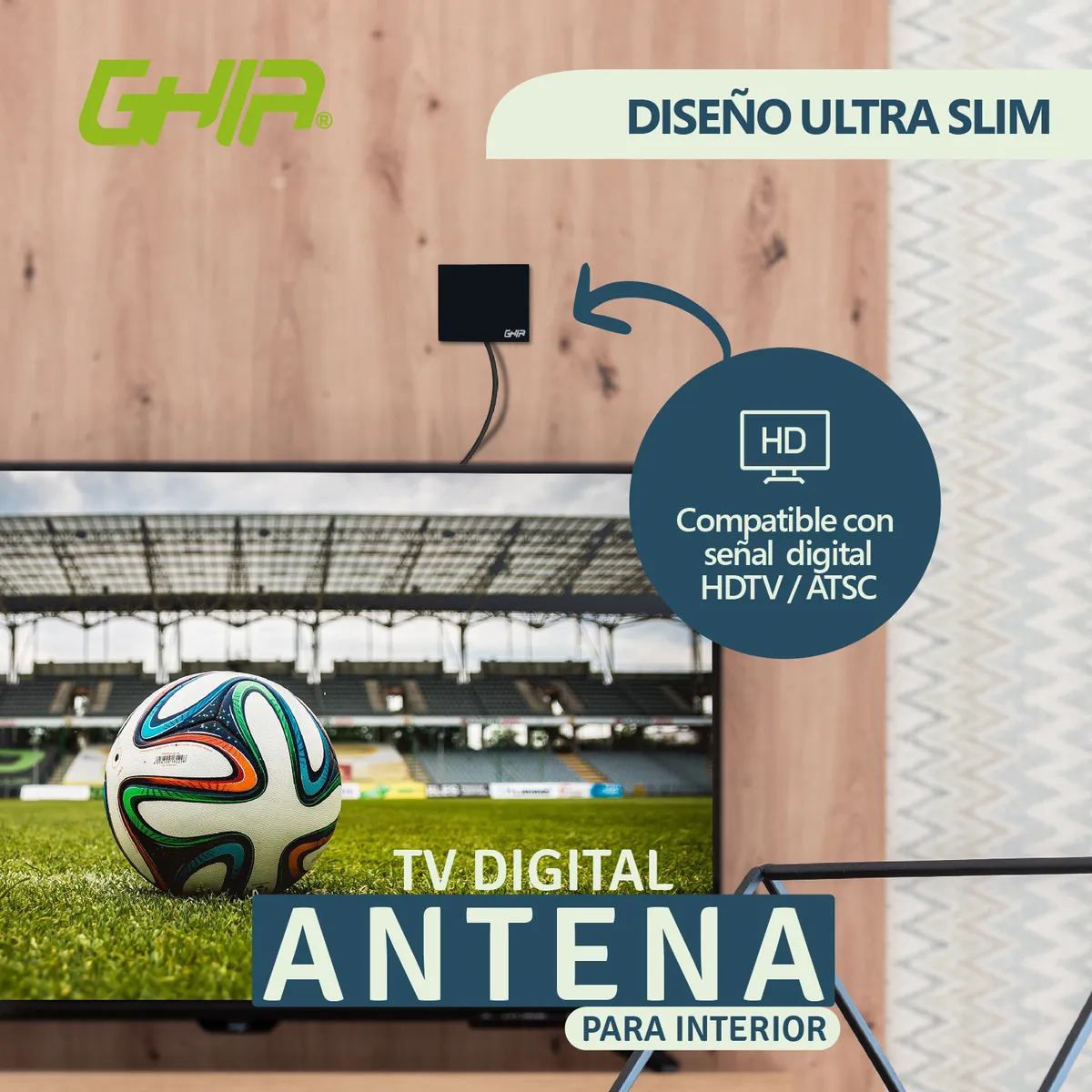 Antena Para Tv Ghia Para Interiores Cable 1.5 Metros 28db Color Negro Modelo GANT-001