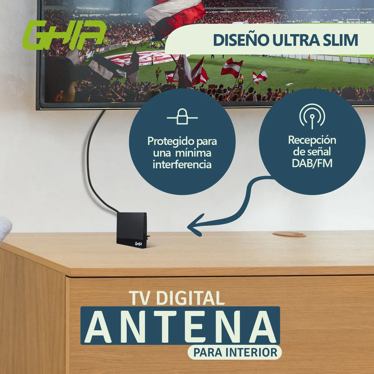 Antena Para Tv Ghia Para Interiores Cable 1.5 Metros 28db Color Negro Modelo GANT-001