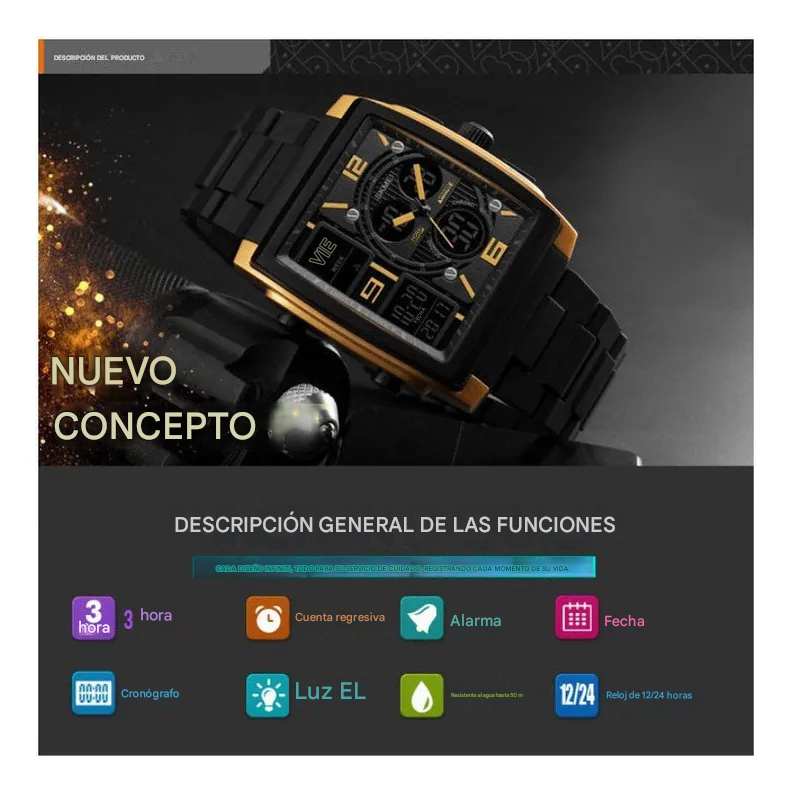 Reloj cuarzo japonés doble pantalla negro alarma militar 3 tiempos deportivo contra agua metálico