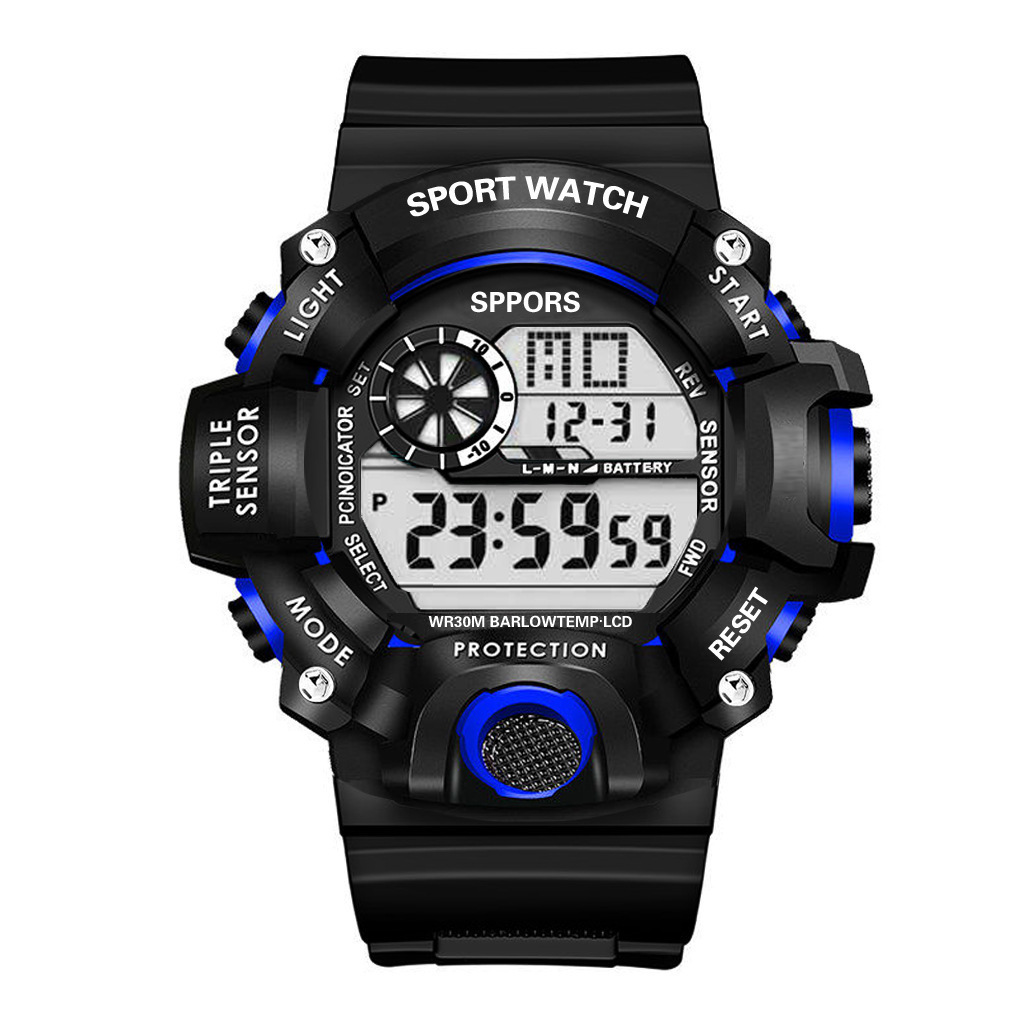 Reloj mano azul negro digital deporte ropa grande calendario contra agua boton