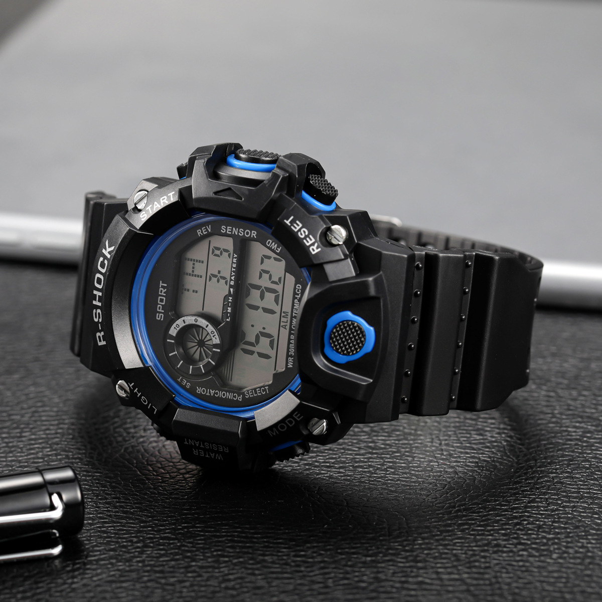 Reloj mano azul negro digital deporte ropa grande calendario contra agua boton