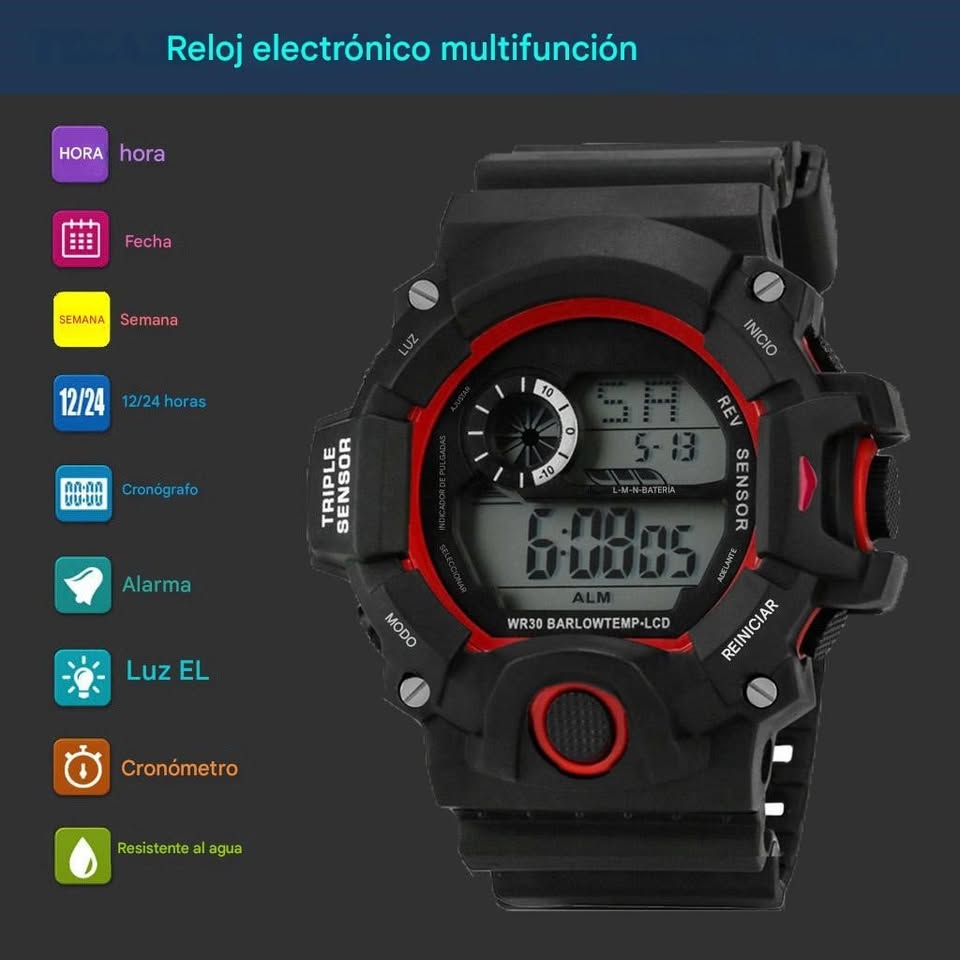 Reloj mano azul negro digital deporte ropa grande calendario contra agua boton